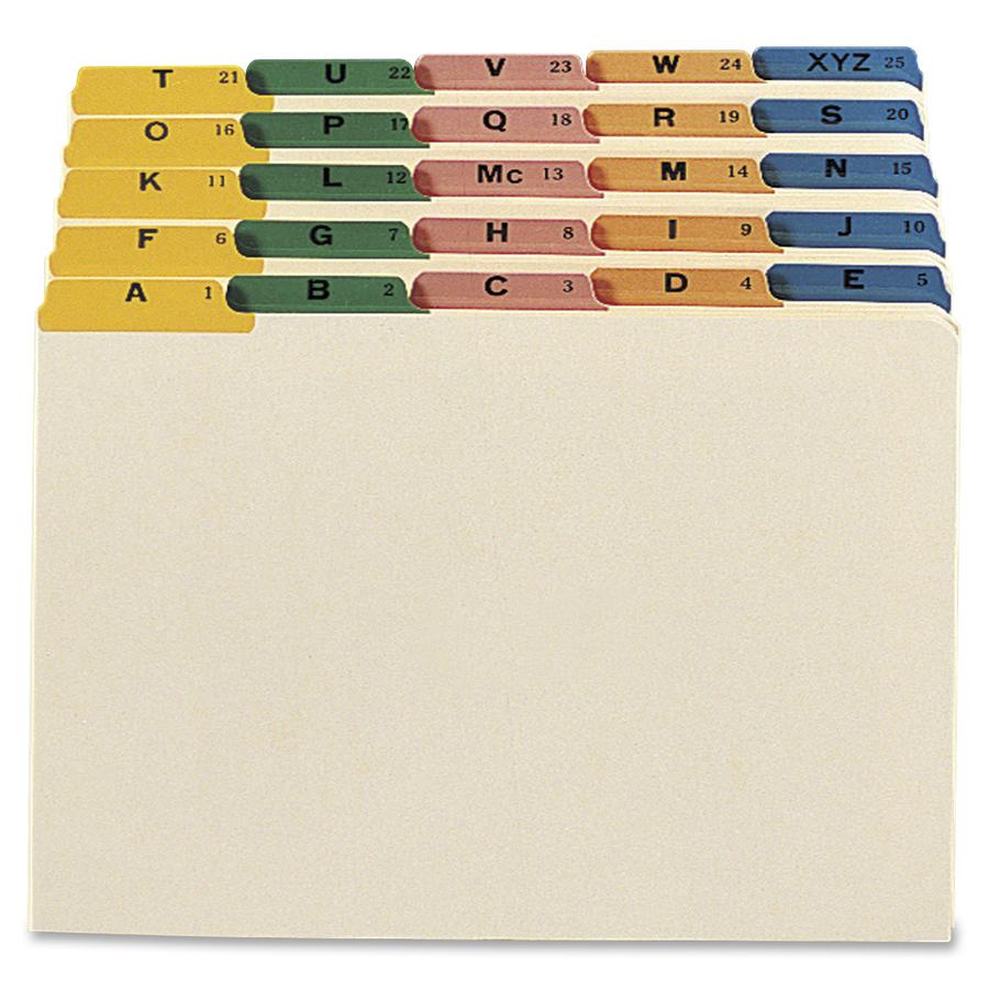 Smead Filing Guides with Alphabetic Indexing - Printed Tab(s) - Character - A-Z - Legal - 8.50" Width x 14" Length - Manila Manila Divider - Green, Pink, Blue, Salmon, Yellow Tab(s) - Recycled - 25 / . Picture 2