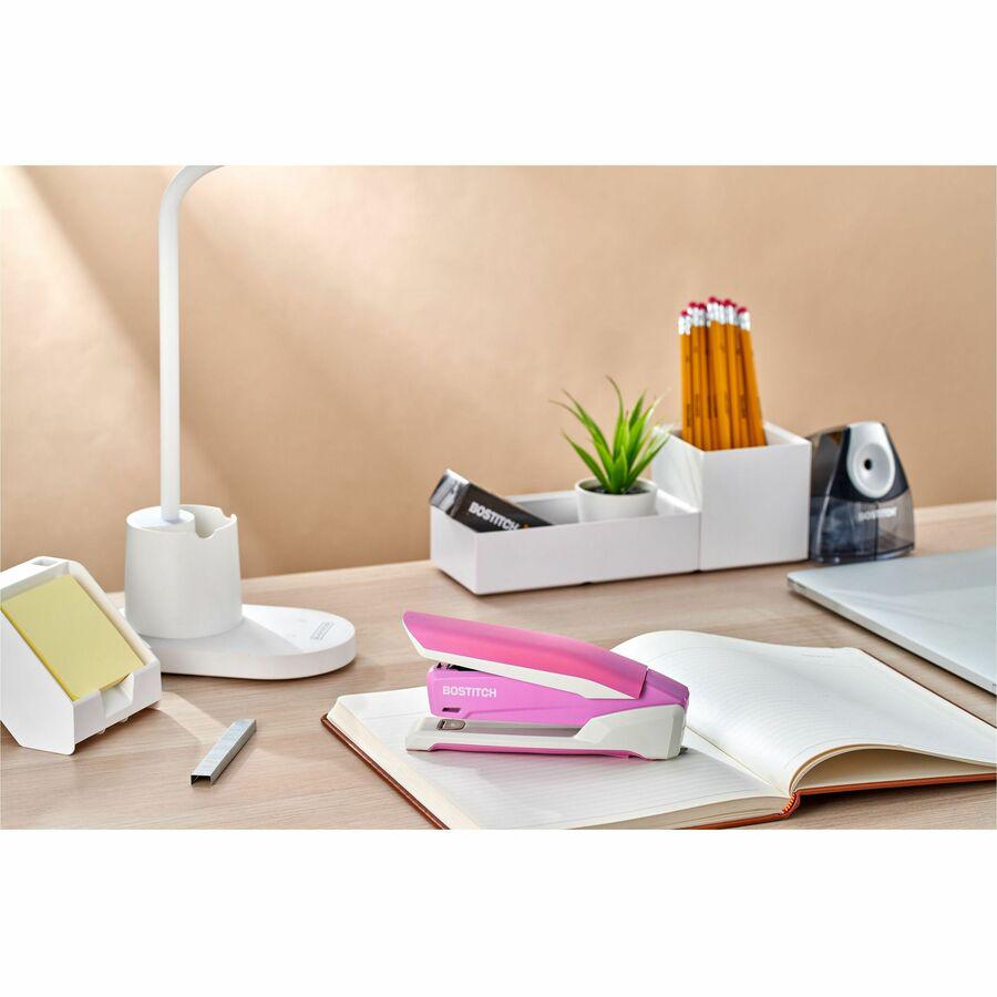 Bostitch InCourage Spring-Powered Antimicrobial Desktop Stapler - 20 of 20lb Paper Sheets Capacity - 210 Staple Capacity - Full Strip - 1 Each - Pink, White. Picture 2