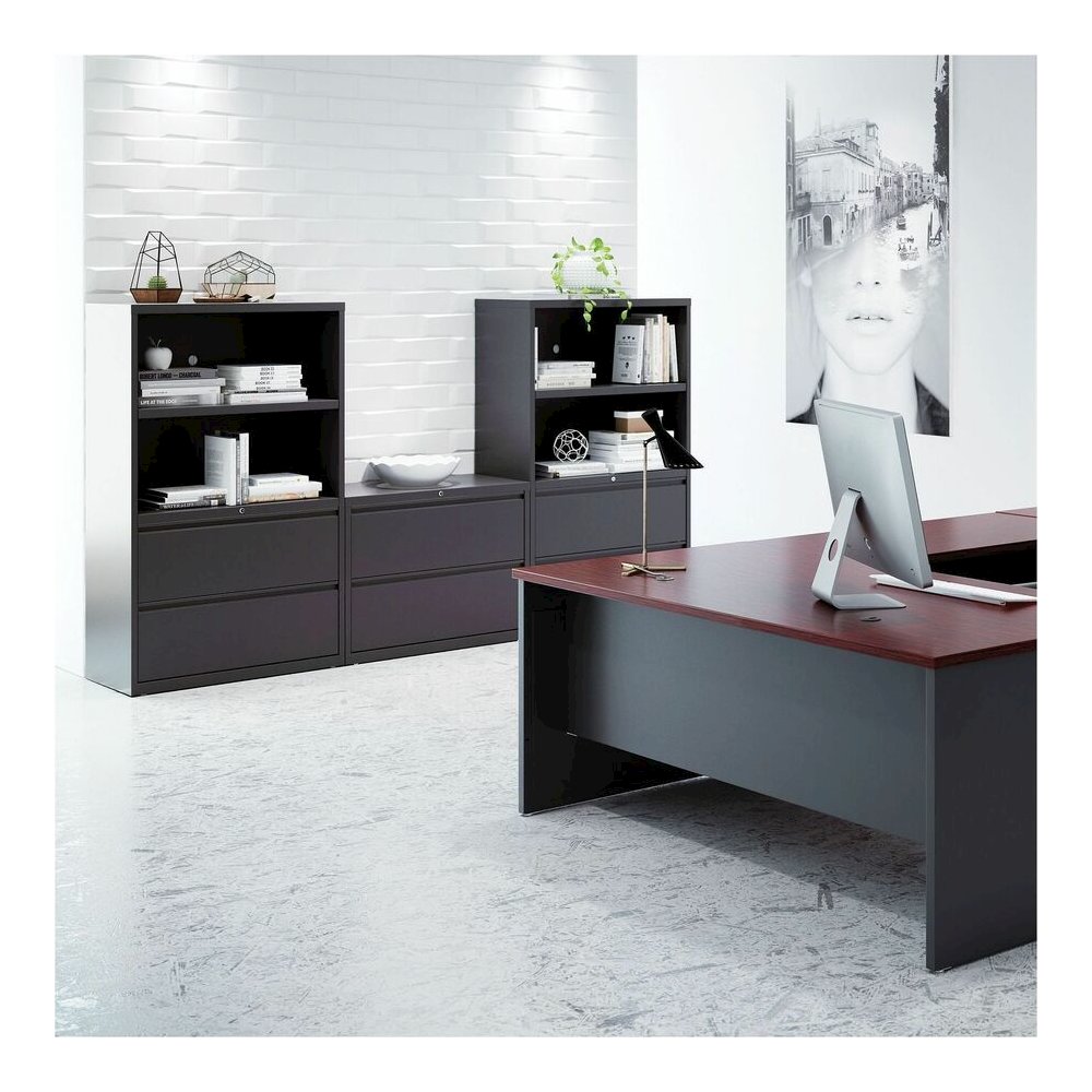 Lorell Fortress Series Lateral File w/Roll-out Posting Shelf - 42" x 18.6" x 67.7" - 5 x Drawer(s) - Legal, Letter, A4 - Lateral - Rust Proof, Leveling Glide, Interlocking - Charcoal - Steel - Recycle. Picture 2
