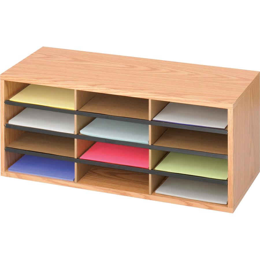 Safco Laminte Literature Organizer - 12 Compartment(s) - Compartment Size 2.50" x 9" x 11.75" - 12" Height x 29" Width x 12" Depth - Floor - Medium Oak - Particleboard, Fiberboard - 1 Each. Picture 3
