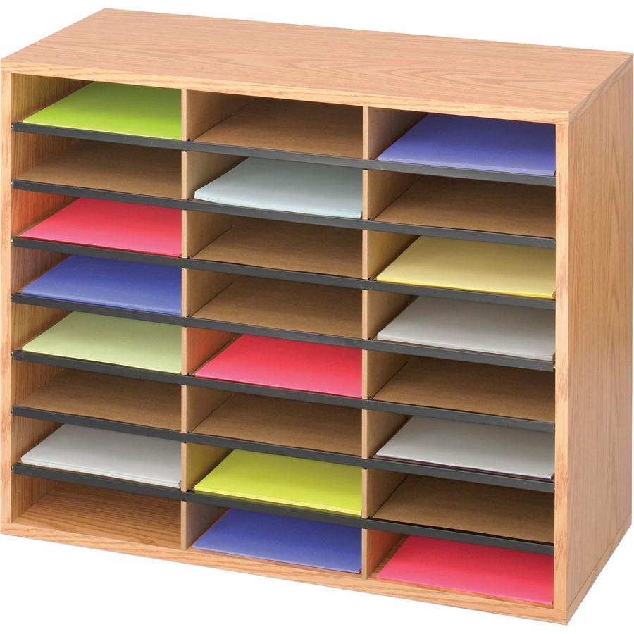 Safco Laminte Literature Organizer - 24 Compartment(s) - Compartment Size 2.50" x 9" x 11.75" - 23.5" Height x 29" Width x 12" DepthFloor - Laminate - Medium Oak - Particleboard - 1 Each. Picture 3