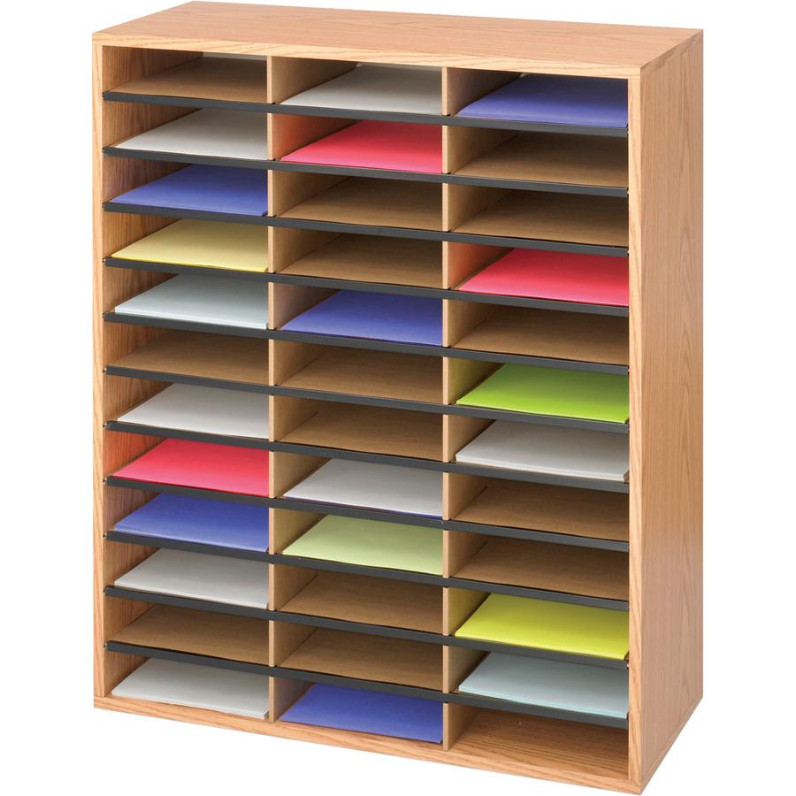 Safco Laminte Literature Organizer - 36 Compartment(s) - Compartment Size 2.50" x 9" x 11.75" - 34.5" Height x 29" Width x 12" Depth - Floor - Medium Oak - Particleboard - 1 Each. Picture 2