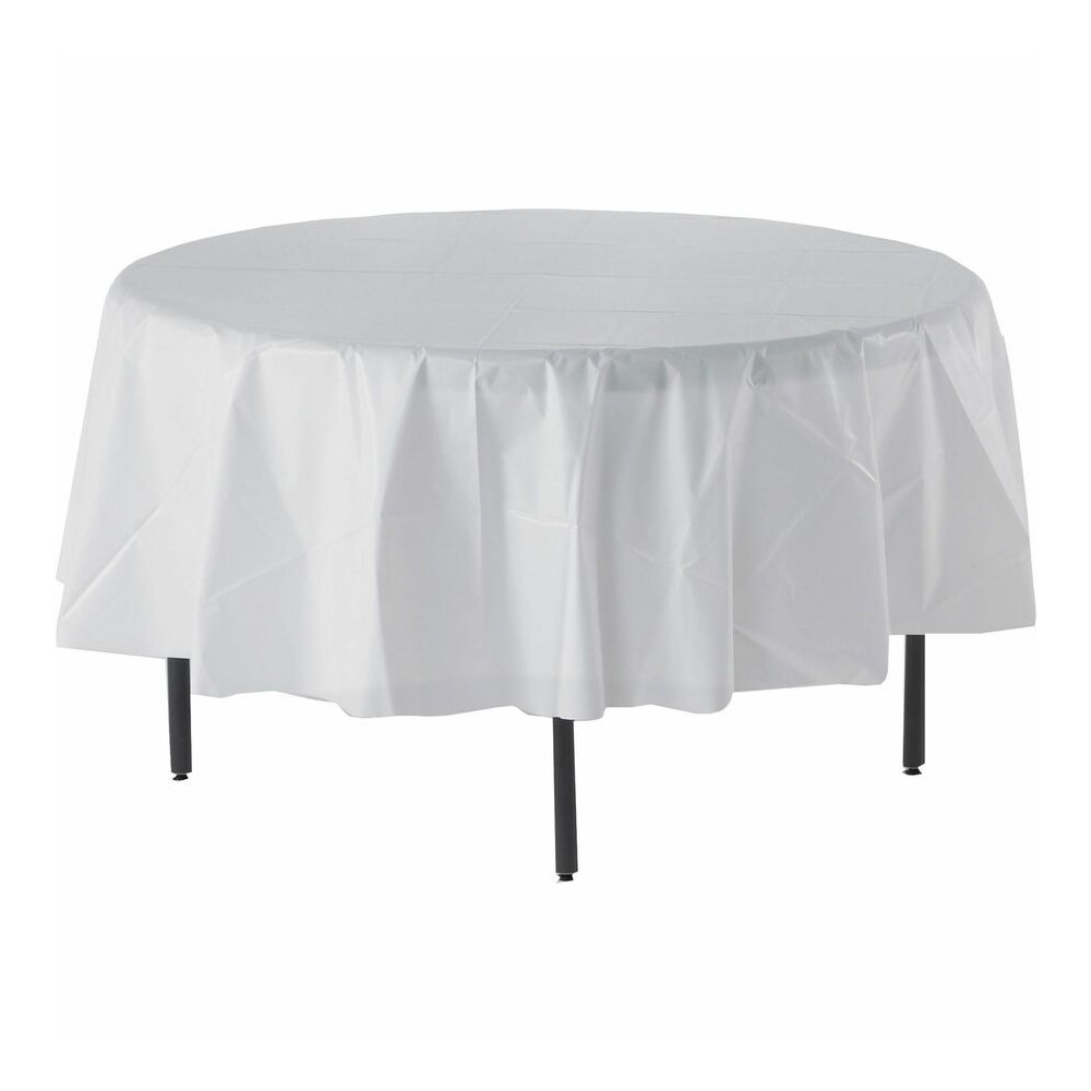 Genuine Joe Plastic Round Tablecovers - 84" Diameter - Plastic - White - 6 / Pack. Picture 2