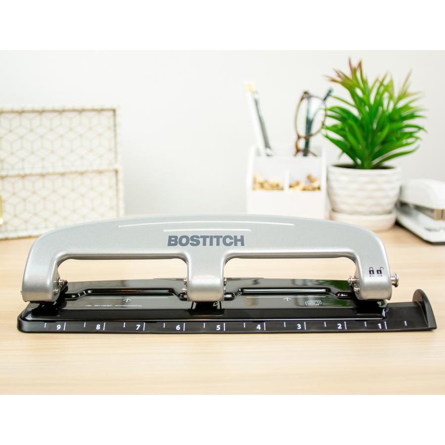 Bostitch EZ Squeeze&trade; 12 Three-Hole Punch - 3 Punch Head(s) - 12 Sheet - 9/32" Punch Size - 3" Width x 1.6" Height - Black, Silver. Picture 2