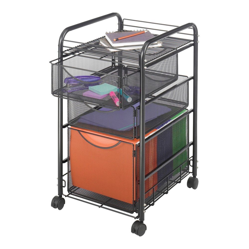 Safco Onyx Mesh File Cart - 2 Shelf - 3 Drawer - 4 Casters - 1.50" Caster Size - Steel - 15.75" Width x 17" Depth x 27" Height - Steel Frame - Black - 1 Each. Picture 3