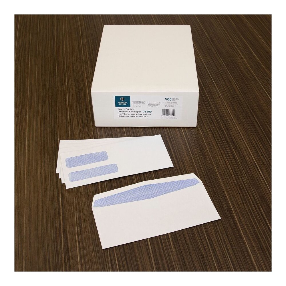 Business Source No. 9 Double Window Invoice Envelopes - Double Window - #9 - 8 7/8" Width x 3 7/8" Length - 24 lb - White - 500 / Box. Picture 6