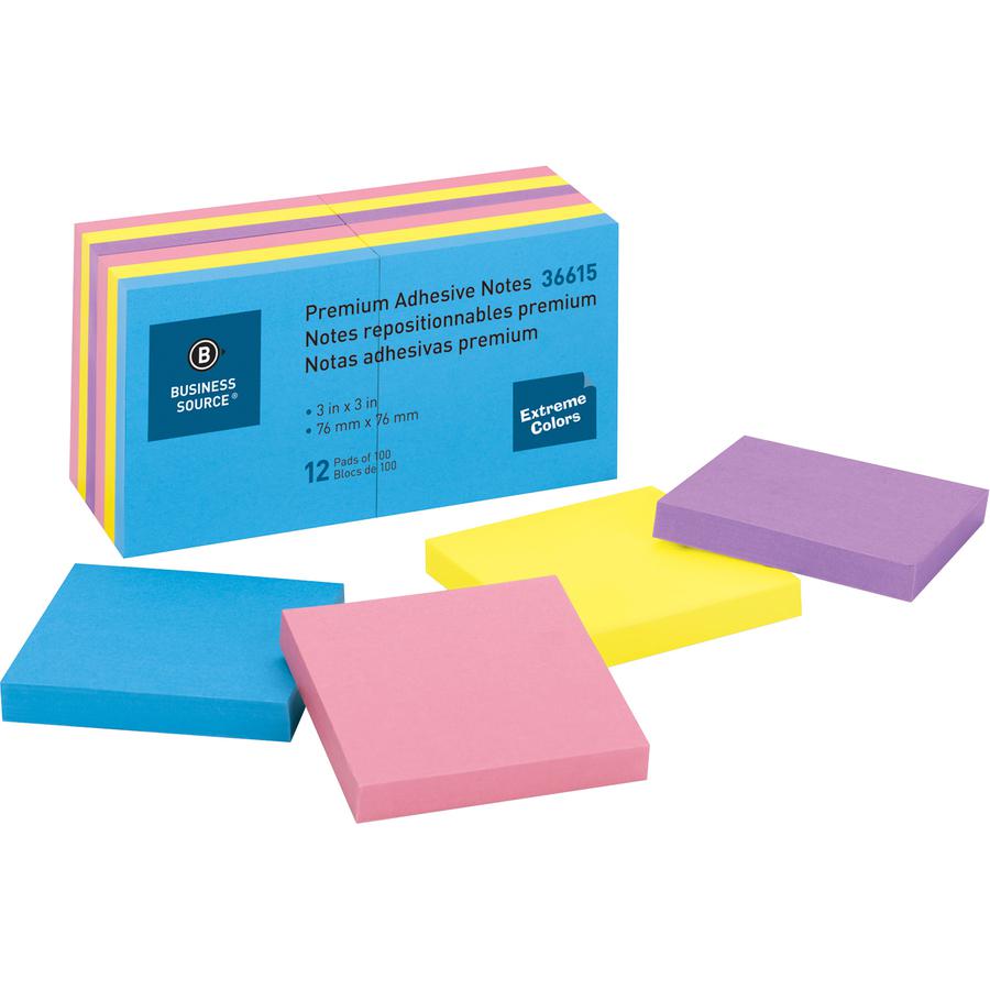 Business Source 3x3 Extreme Colors Adhesive Notes - 100 - 3" Flag/Note Width x 3" Flag/Note Length - Square - Assorted - Repositionable, Solvent-free Adhesive - 12 / Pack. Picture 9
