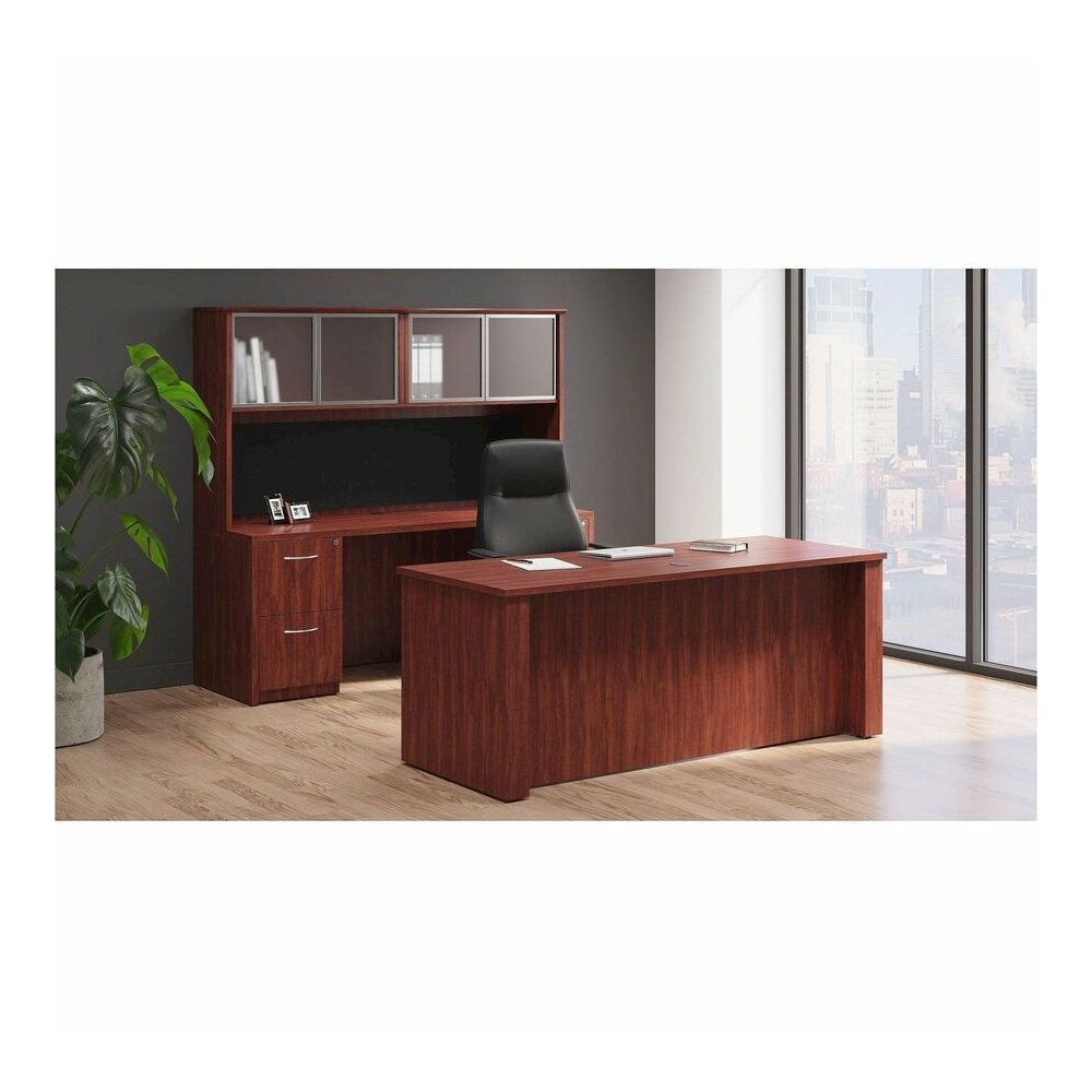 Lorell Essentials Series Stack-on Hutch with Doors - 36" Height x 70.9" Width x 14.8" Depth - 4 Door(s) - Finish: Cherry, Laminate - Cord Management, Grommet - 1 Each. Picture 4