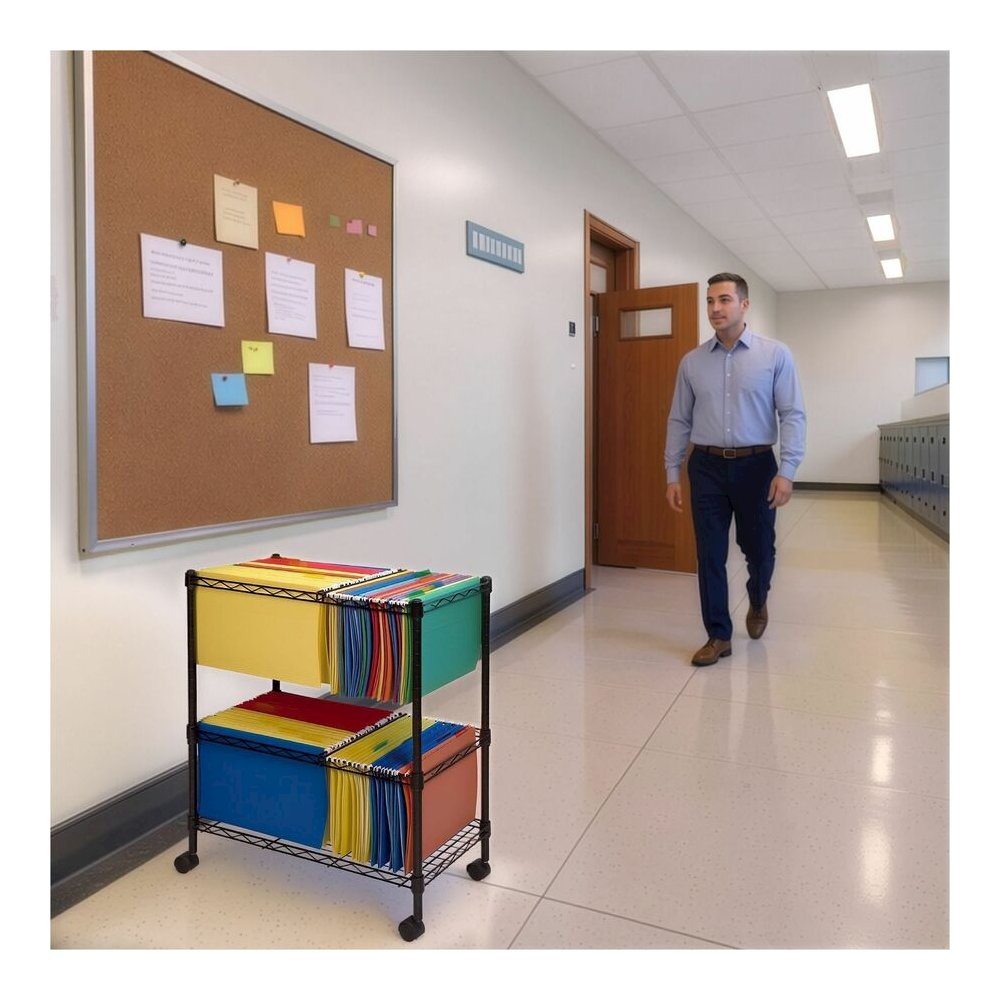 Lorell 2-Tier Wire Mobile File Cart - 4 Casters - Steel - 26" Width x 12.50" Depth x 30" Height - Black - 1 Each. Picture 3