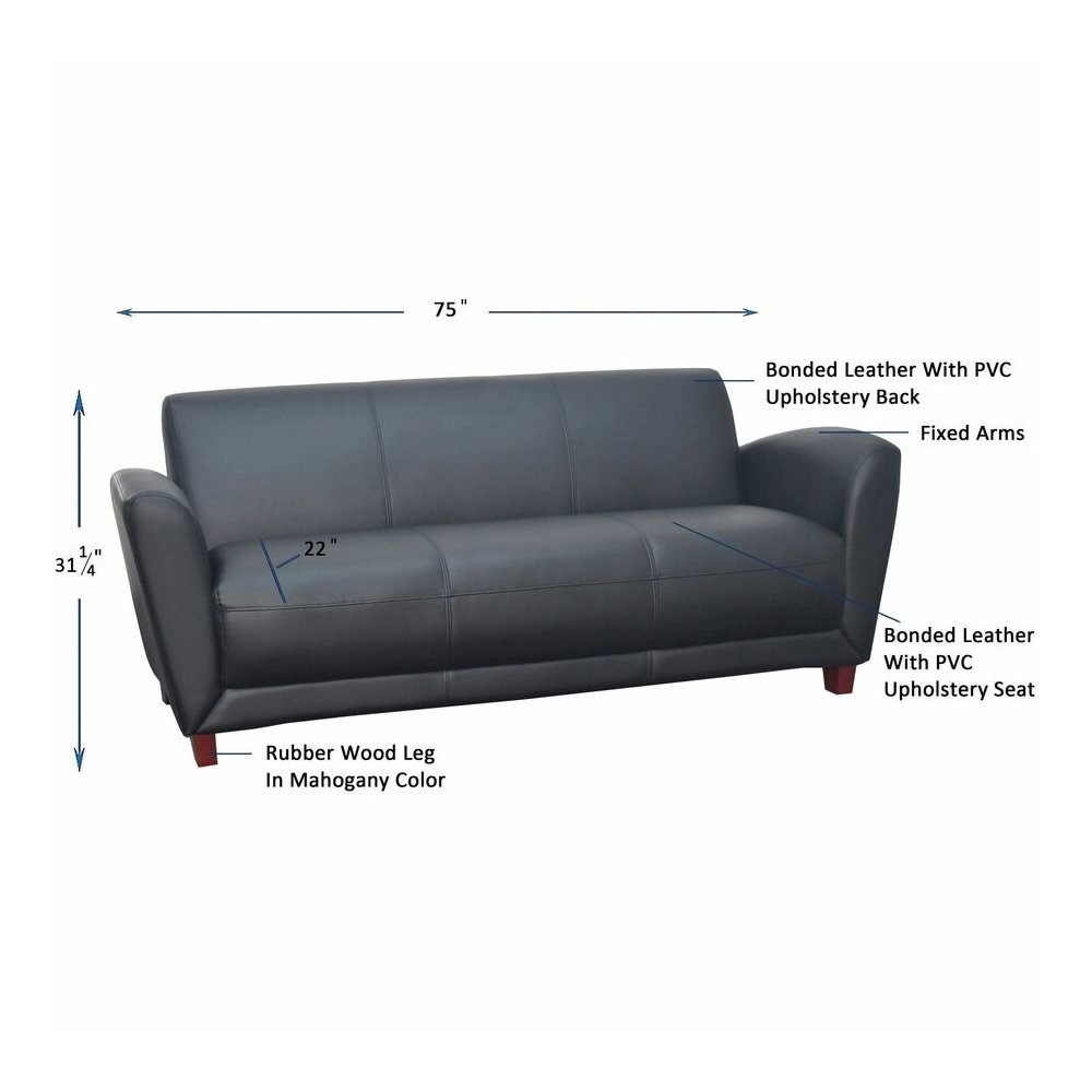 Lorell Accession Reception Sofa - 75" x 34.5" x 31.3" Overall Dimension - Leather Black Seat - Leather Black Back - 1 Each. Picture 10