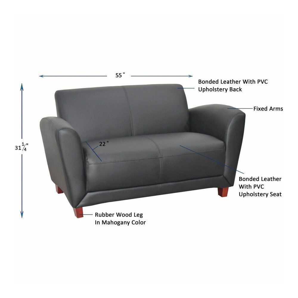 Lorell Accession Reception Loveseat - 55" x 34.5" x 31.3" Overall Dimension - Leather Black Seat - Leather Black Back - 1 Each. Picture 8
