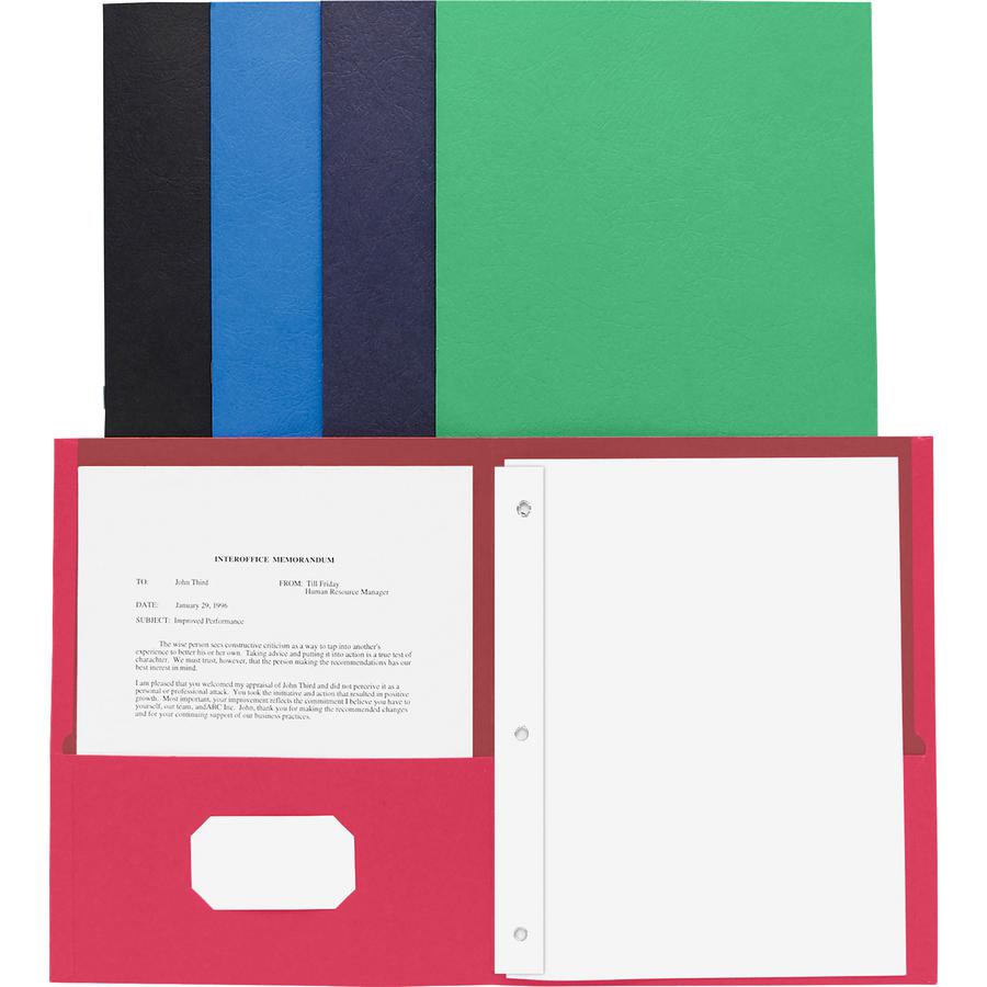 Business Source Letter Recycled Pocket Folder - 8 1/2" x 11" - 100 Sheets Capacity - 3 x Prong Fastener - 2 Inside Front & Back Pocket - Leatherette - Assorted - 35% Recycled - 25 / Box. Picture 2