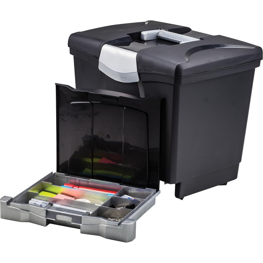 Storex Portable file Box with Drawer - External Dimensions: 11.5" Width x 14.3" Depth x 13" Height - Latch Lock Closure - Plastic - Black - For Document, Pen/Pencil, File, Letter - Recycled - 1 Carton. Picture 2