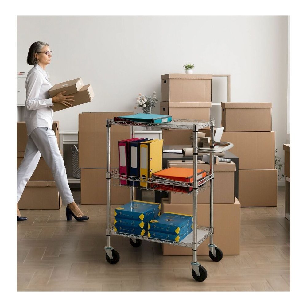Lorell 3-Tier Rolling Cart - 99 lb Load Capacity - 4 Casters - Steel - 16" Width x 26" Depth x 40" Height - Chrome - 1 Each. Picture 2
