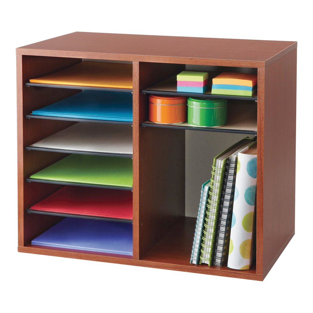 Safco Adjustable 12-Slot Wood Literature Organizer - 12 Compartment(s) - Desktop - Adjustable - Laminate - Cherry - Hardboard, Fiberboard - 1 Each. Picture 5