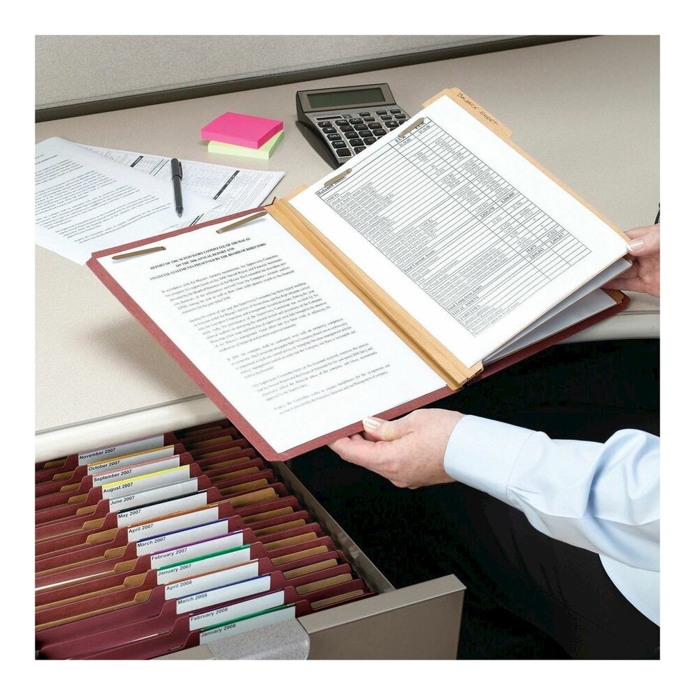Smead 2/5 Tab Cut Legal Recycled Classification Folder - 8 1/2" x 14" - 3" Expansion - 2 x 2K Fastener - Top Tab Location - Right of Center Tab Position - 3 Divider - 25 pt. - Pressboard - Red - Eco-f. Picture 4
