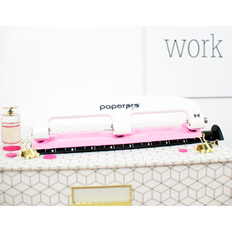 Bostitch EZ Squeeze&trade; InCourage 12 Three-Hole Punch - 3 Punch Head(s) - 12 Sheet - 9/32" Punch Size - Round Shape - 3" x 1.6" - Pink, White. Picture 2