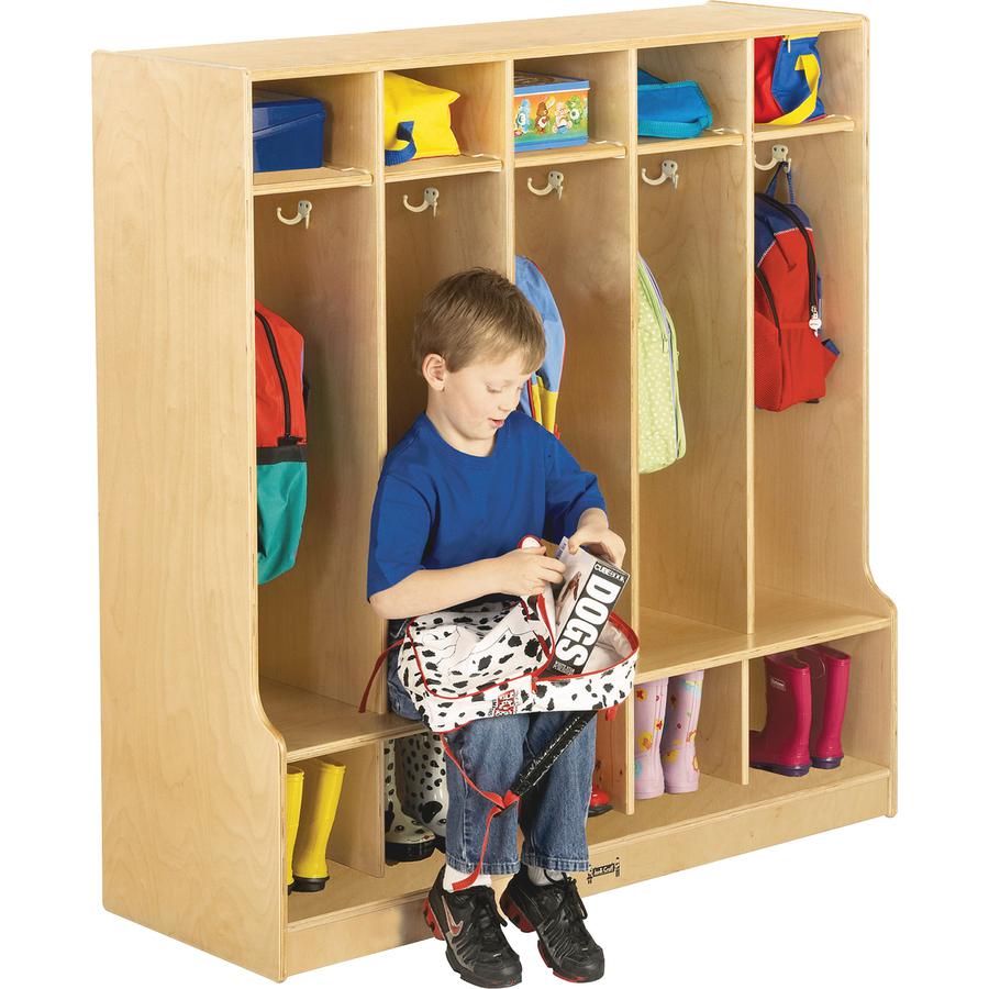 Jonti-Craft 5 Section Step Coat Locker - 50.5" Height x 48" Width x 17.5" DepthFloor - Hanging Hook, Stain Resistant, Sturdy - White - Baltic Birch Plywood - 1 Each. Picture 5