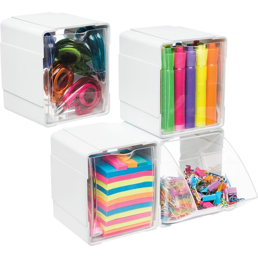 Deflecto Tilt Bin Interlocking Storage Organizer - 5.50" Height x 5.25" Width x 4.75" Depth - Desktop - Interlockable, Stackable - White - 4 / Box. Picture 11