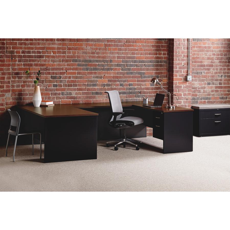 Lorell Fortress Modular Series Double-Pedestal Desk - 60" Width x 30" Depth, x 1.1" Thickness Top - Total Drawer(s): 4 - Double Pedestal - Material: Steel - Finish: Walnut Laminate, Black - Scratch Re. Picture 2