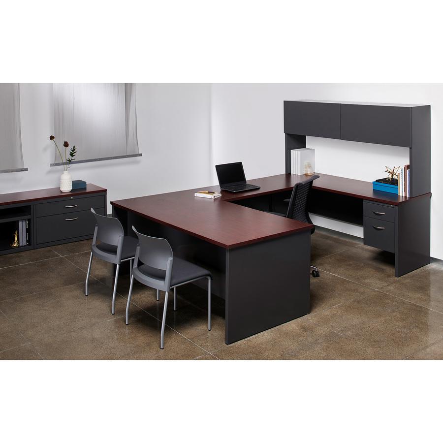 Lorell Fortress Modular Series Left-Pedestal Desk - 66" Width x 30" Depth, x 1.1" Thickness Top - Total Drawer(s): 2 - Single Pedestal on Left Side - Material: Steel - Finish: Mahogany Laminate, Charc. Picture 2