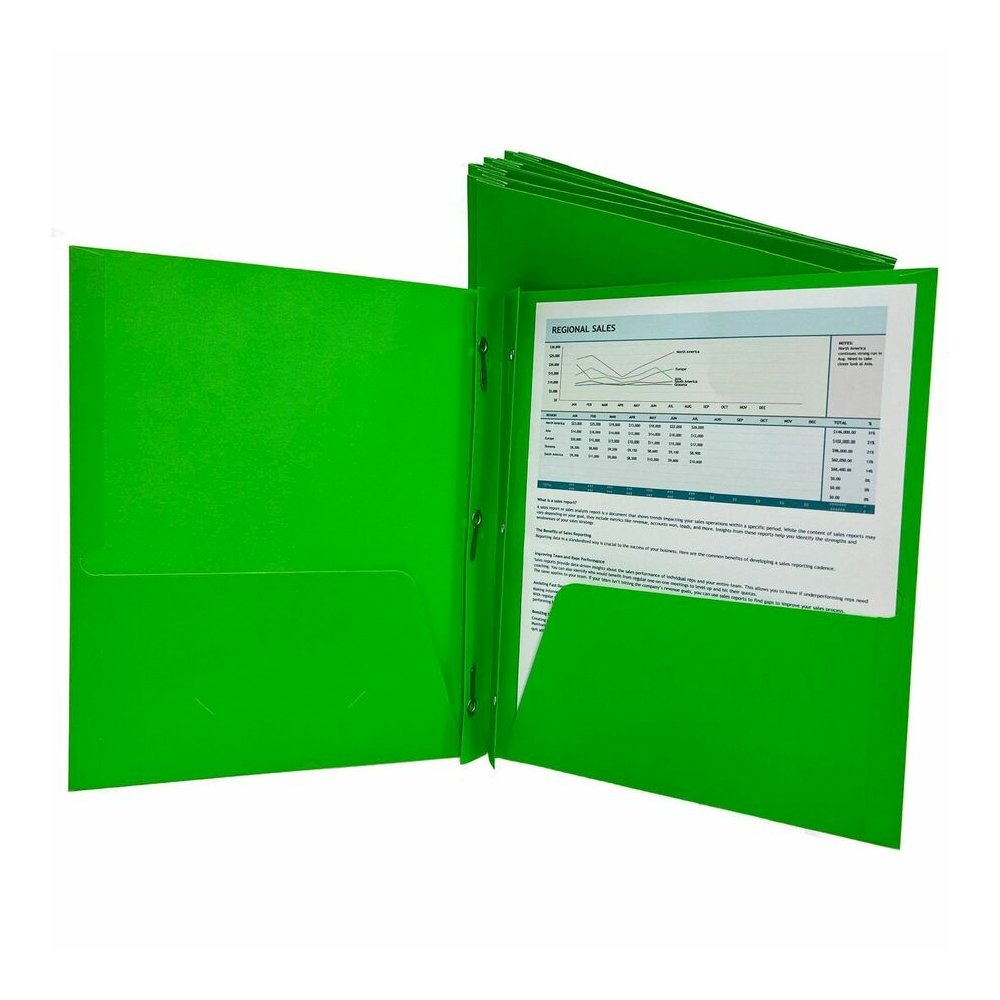 Sparco Letter Pocket Folder - 8 1/2" x 11" - 3 x Double Prong Fastener - 2 Internal Pocket - Apple Green - 1 Box. Picture 3