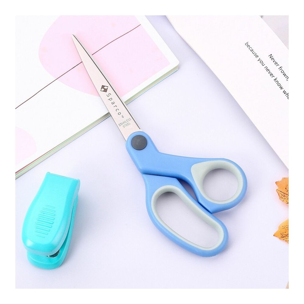 Sparco Bent Multipurpose Scissors - 8" Overall Length - Bent - Stainless Steel - Blue - 3 / Bundle. Picture 4