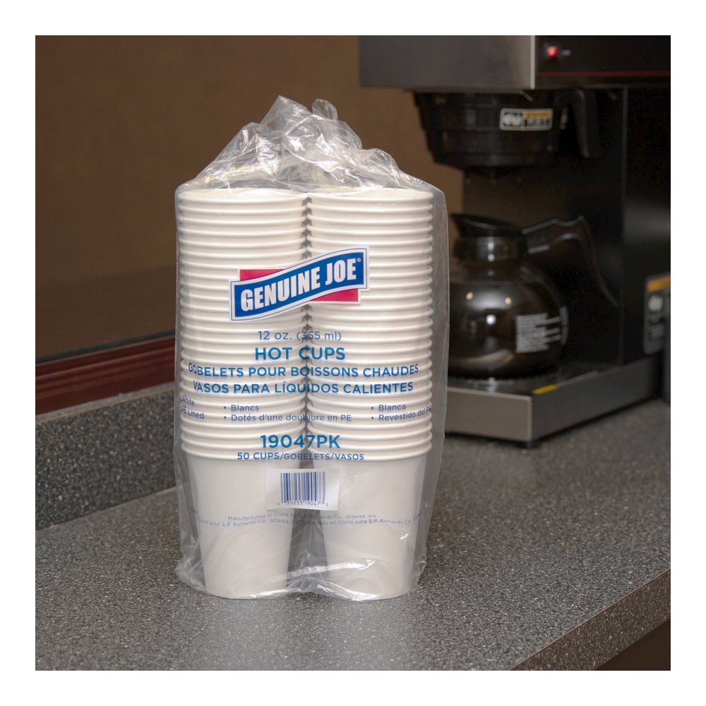 Genuine Joe 12 oz Disposable Hot Cups - 12 fl oz - White - Polyurethane - Hot Drink, Beverage - 50/Pack - 5 / Bundle. Picture 7