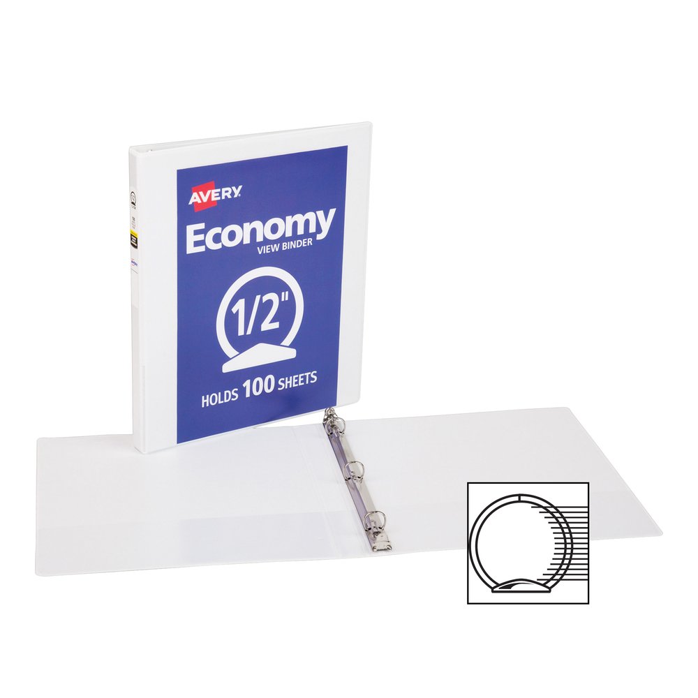 Avery&reg; Economy View Binder - 1/2" Binder Capacity - Letter - 8 1/2" x 11" Sheet Size - 100 Sheet Capacity - 3 Ring - Fastener: Round Ring - Pocket: 2, Internal - Vinyl, Chipboard - White - 13.12 l. Picture 4