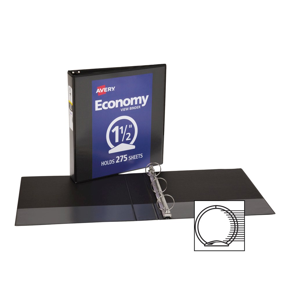 Avery&reg; Economy View Binder - 1 1/2" Binder Capacity - Letter - 8 1/2" x 11" Sheet Size - 275 Sheet Capacity - 3 Ring - Fastener: Round Ring - Pocket: 2, Internal - Vinyl, Chipboard - Black - Gap-f. Picture 2