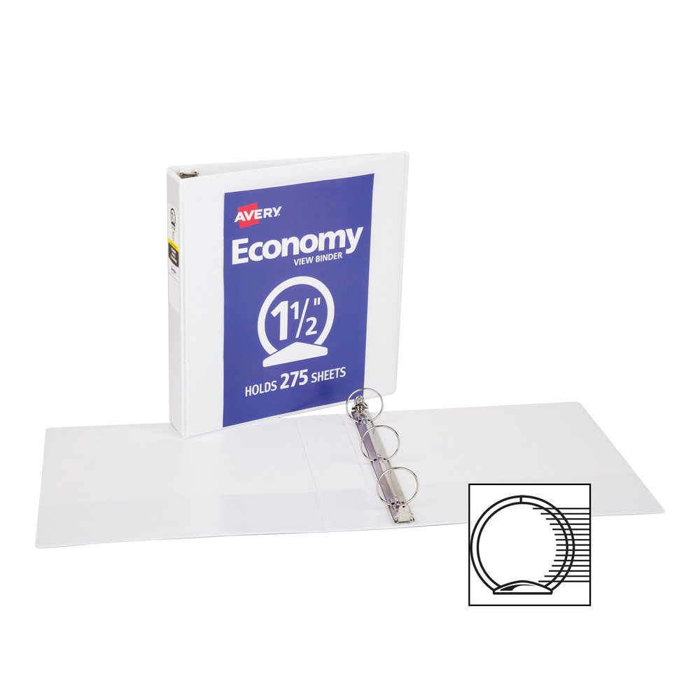 Avery&reg; Economy View Binder - 1 1/2" Binder Capacity - Letter - 8 1/2" x 11" Sheet Size - 275 Sheet Capacity - 3 Ring - Fastener: Round Ring - Pocket: 2, Internal - Vinyl, Chipboard - White - Gap-f. Picture 2