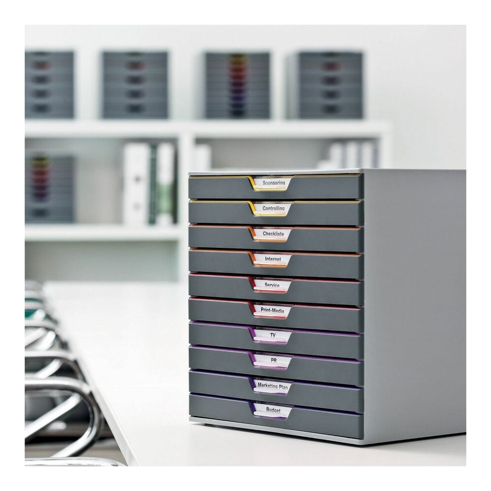 DURABLE&reg; VARICOLOR&reg; Desktop 10 Drawer Organizer - 11" W x 11-3/8" H x 14" D - 10 Drawers - Color Labeled Tabs - Charcoal. Picture 2