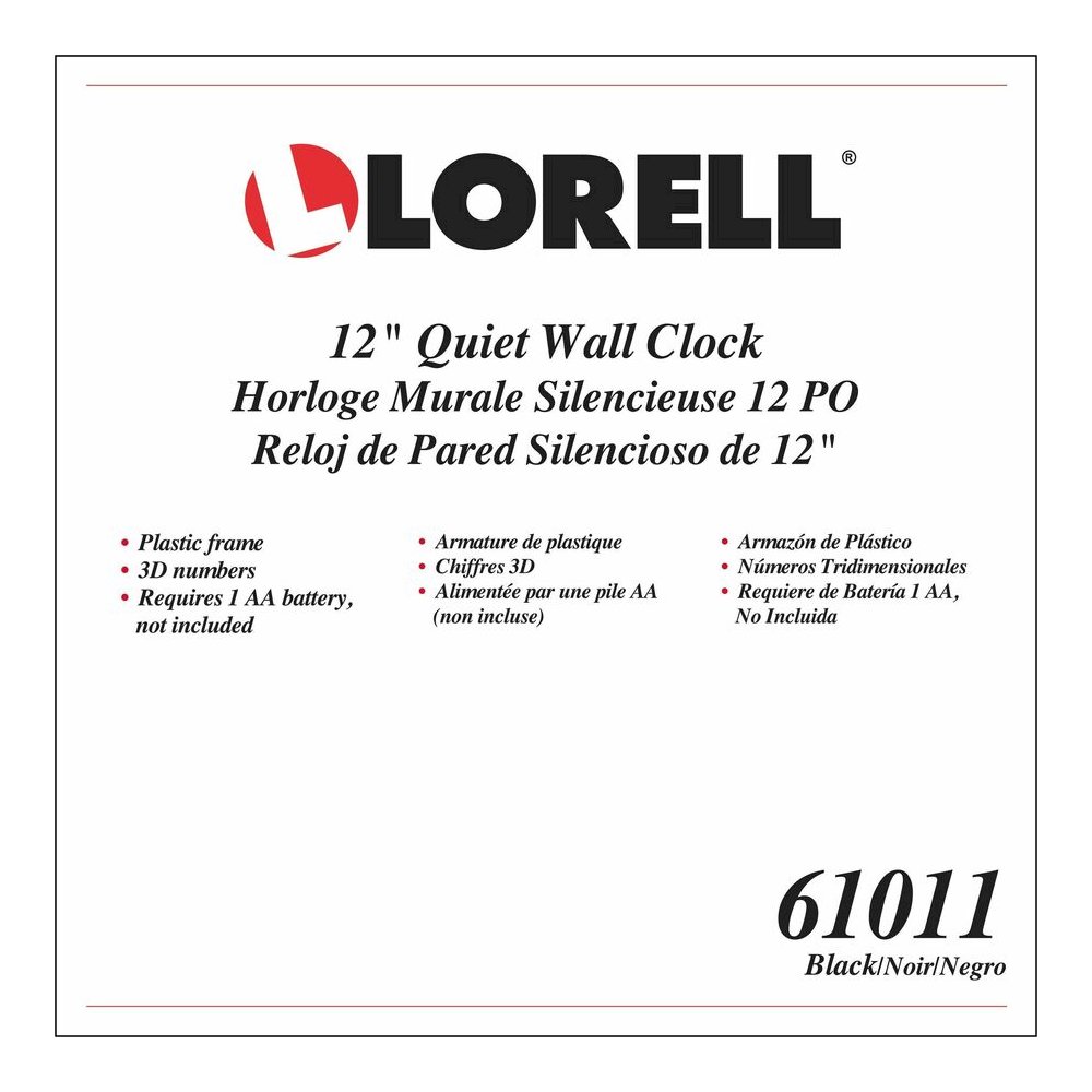 Lorell 12" Round Quiet Wall Clock - Analog - Quartz - Black Case. Picture 4