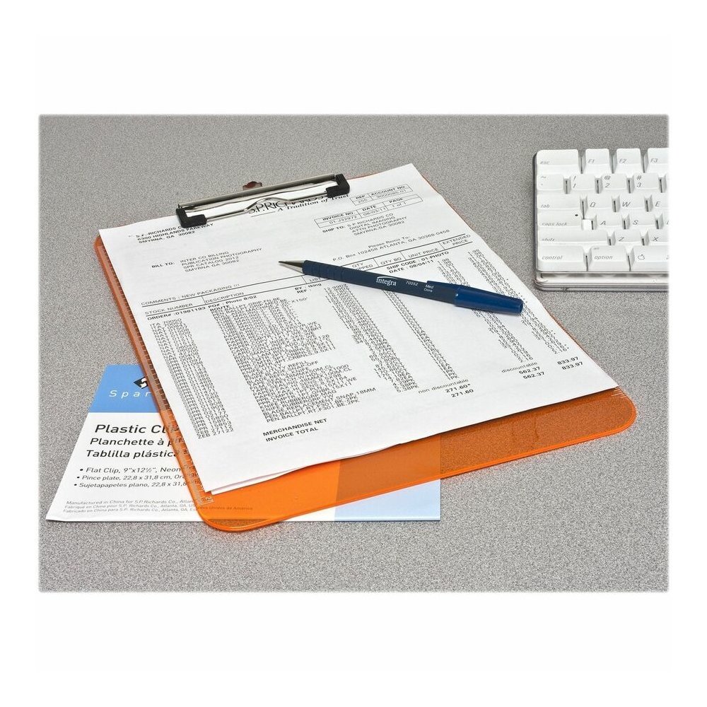 Business Source Flat Clip Clipboard - 9" x 12" Sheet Size - Plastic - Neon Orange - 6 / Bundle. Picture 5