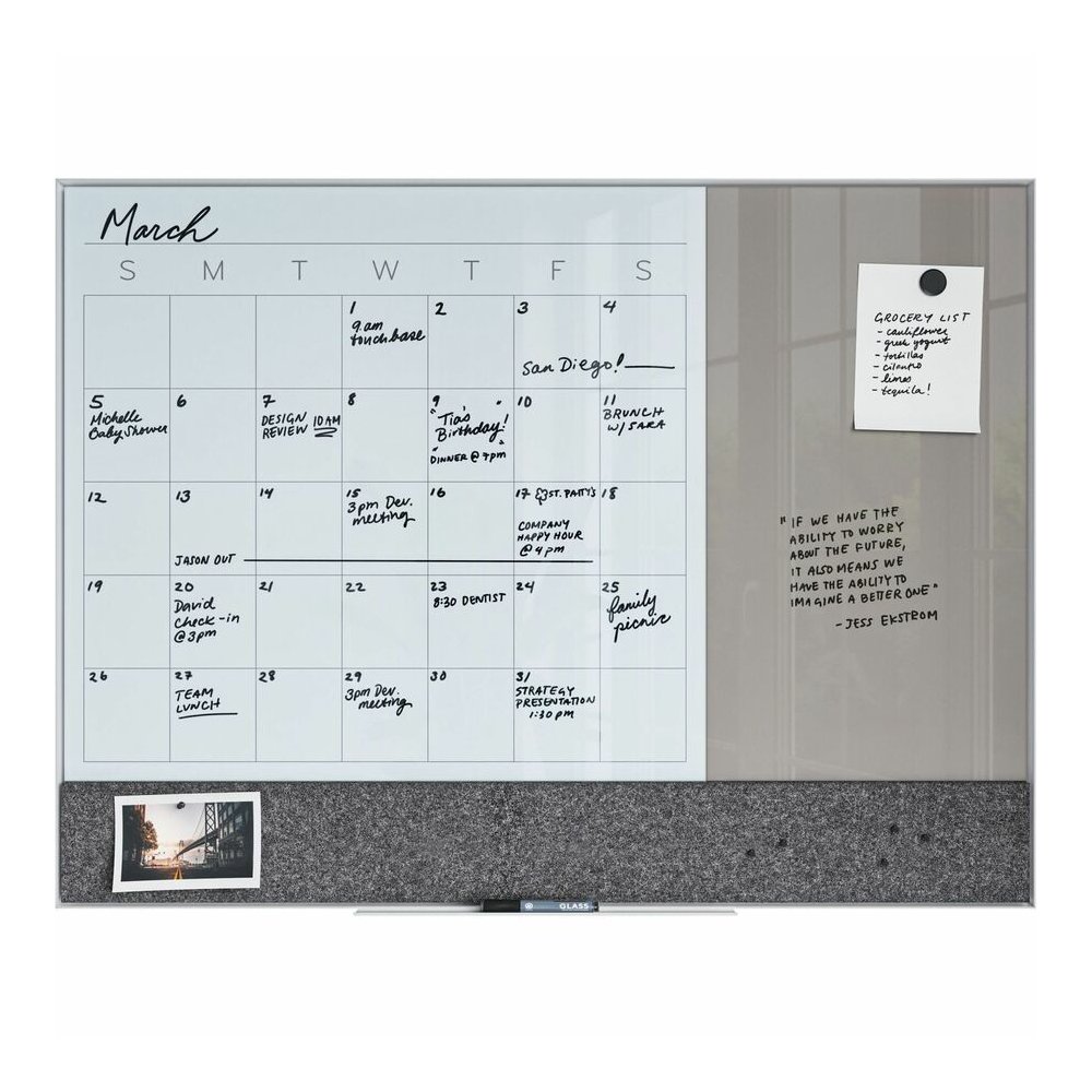 U Brands 3N1 Magnetic Glass Dry-Erase Monthly Calendar Board - 48" (4 ft) Width x 36" (3 ft) Height - Gray Tempered Glass Surface - White Aluminum Frame - Rectangle - Horizontal - Magnetic - 1 Each. Picture 3