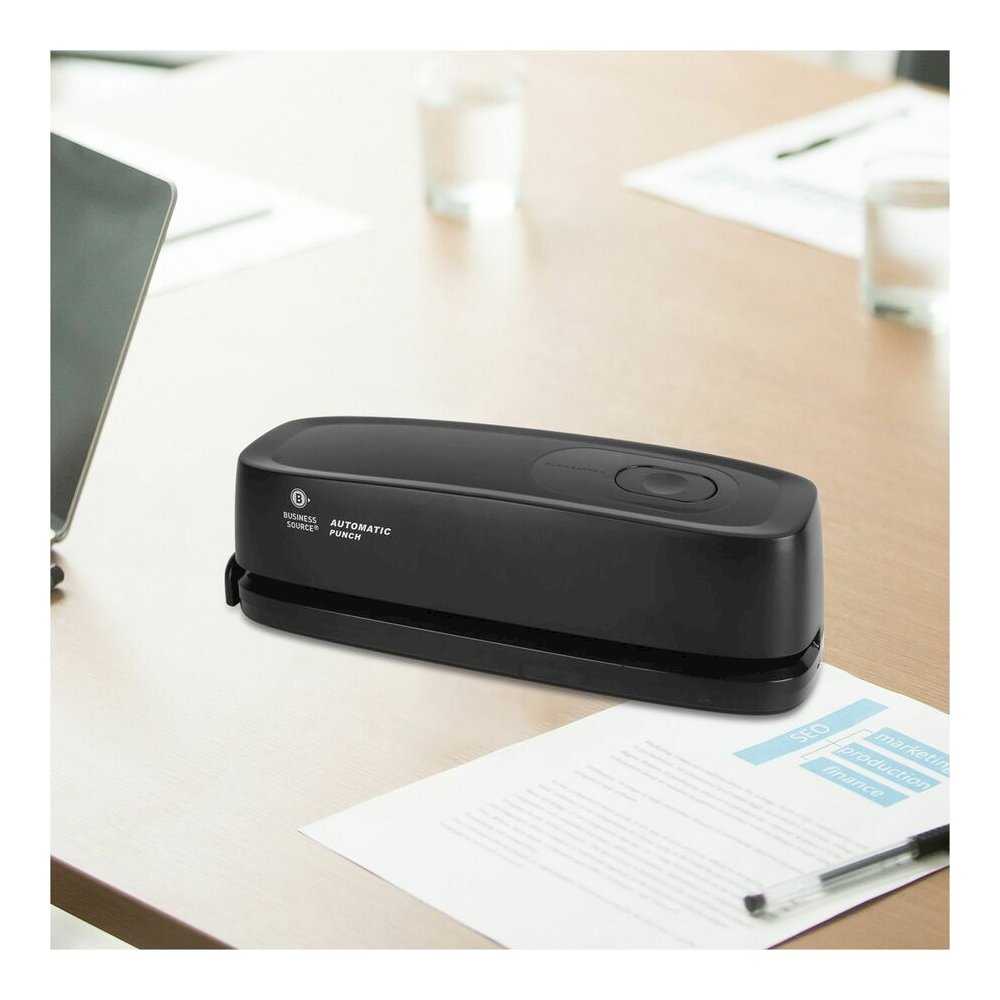 Business Source Electric Hole Punch - 3 Punch Head(s) - 10 Sheet of 20lb Paper - 9/32" Punch Size - 2.6" Width x 11.9" Depth x 3.2" Height - Black. Picture 7