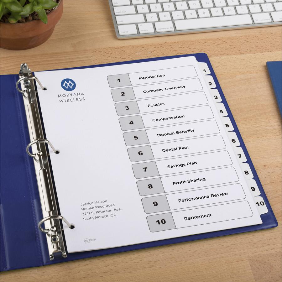 Avery&reg; Ready Index 10-tab Custom TOC Dividers - 60 x Divider(s) - 1-10, Table of Contents - 10 Tab(s)/Set - 8.5" Divider Width x 11" Divider Length - 3 Hole Punched - White Paper Divider - White P. Picture 2