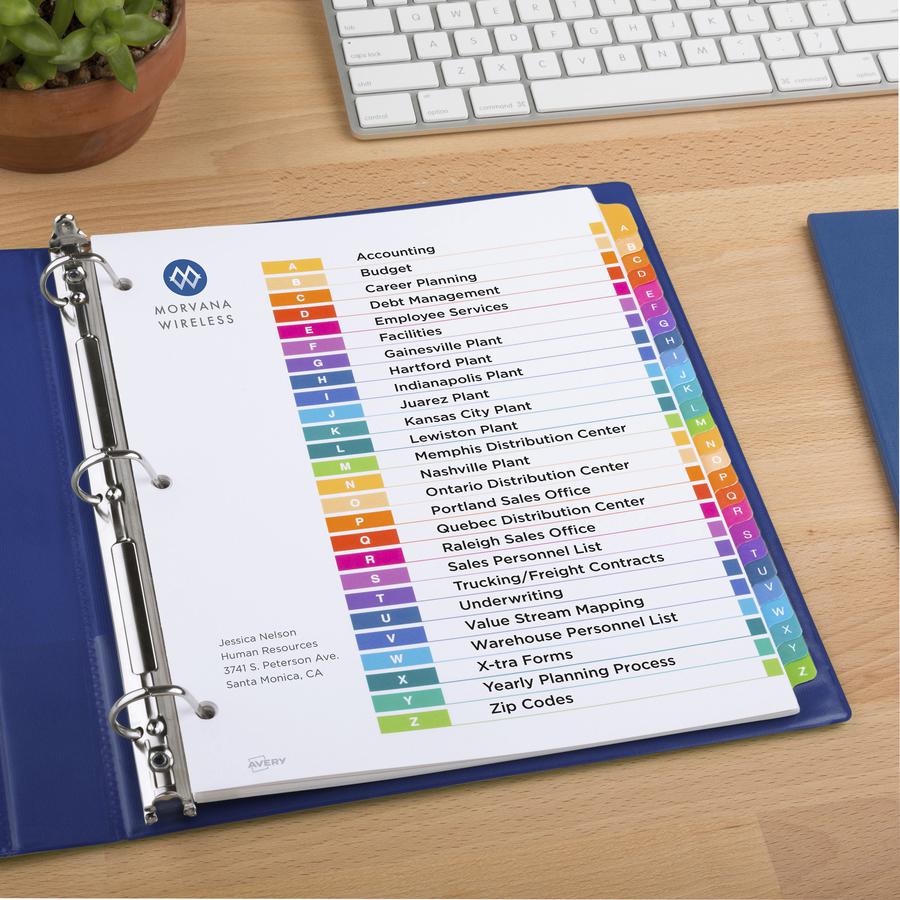 Avery&reg; A-Z Customizable Multicolor TOC Dividers - 156 x Divider(s) - A-Z, Table of Contents - 26 Tab(s)/Set - 8.5" Divider Width x 11" Divider Length - 3 Hole Punched - White Paper Divider - Multi. Picture 2