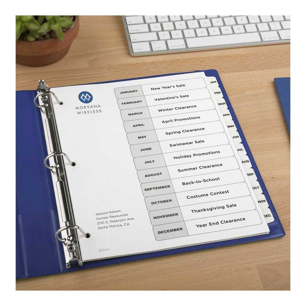 Avery Jan-Dec Dividers, 12 Tabs, Ready Index (6 Sets of 11826) - 72 x Divider(s) - 72 Tab(s) - Month - Jan-Dec, Table of Contents - 12 Tab(s)/Set - 8.5" Divider Width x 11" Divider Length - 3 Hole Pun. Picture 3