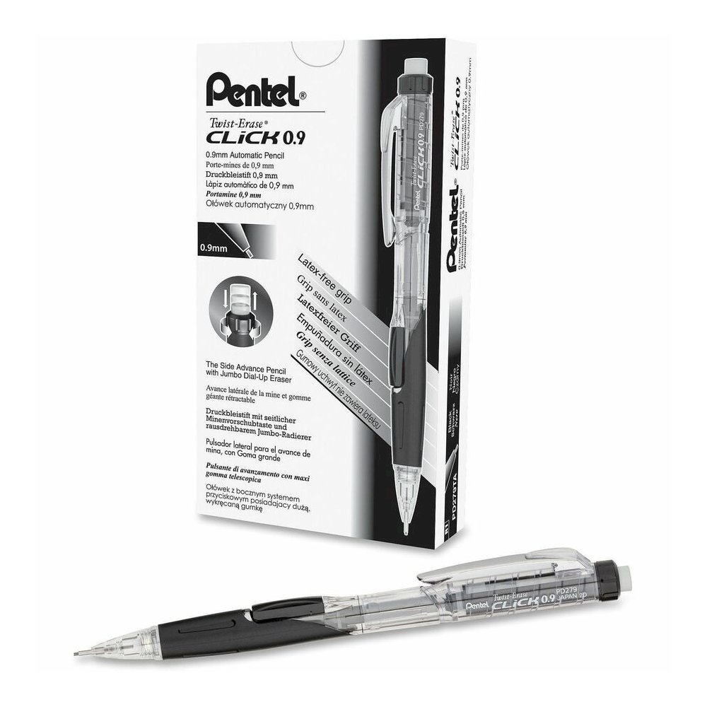 Pentel Twist-Erase Click Mechanical Pencils - 0.9 mm Black Lead - #2, HB - Refillable - Transparent, Black Barrel - 12 / Box. Picture 4
