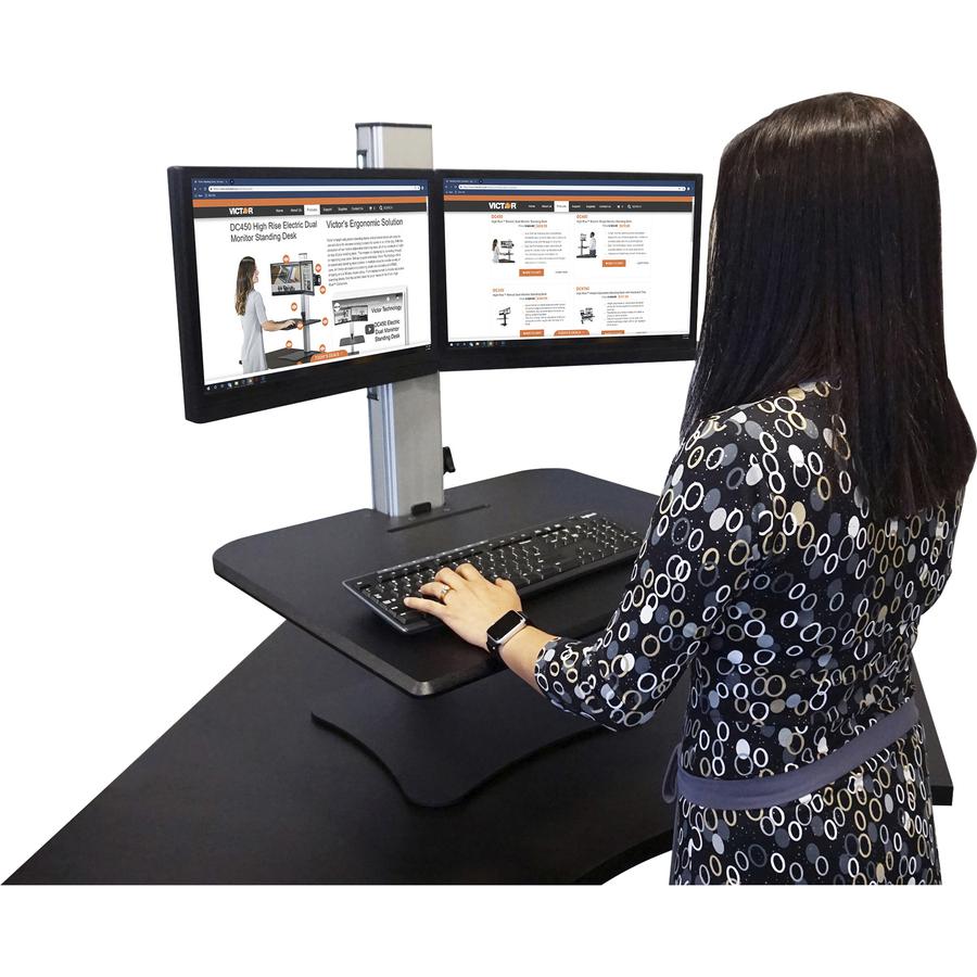 Victor DC350 Dual Monitor Sit-Stand Desk Converter - Up to 24" Screen Support - 25 lb Load Capacity - 20" Height x 28" Width x 23" Depth - Desktop, Tabletop - High Pressure Laminate (HPL) - Wood, Stee. Picture 3