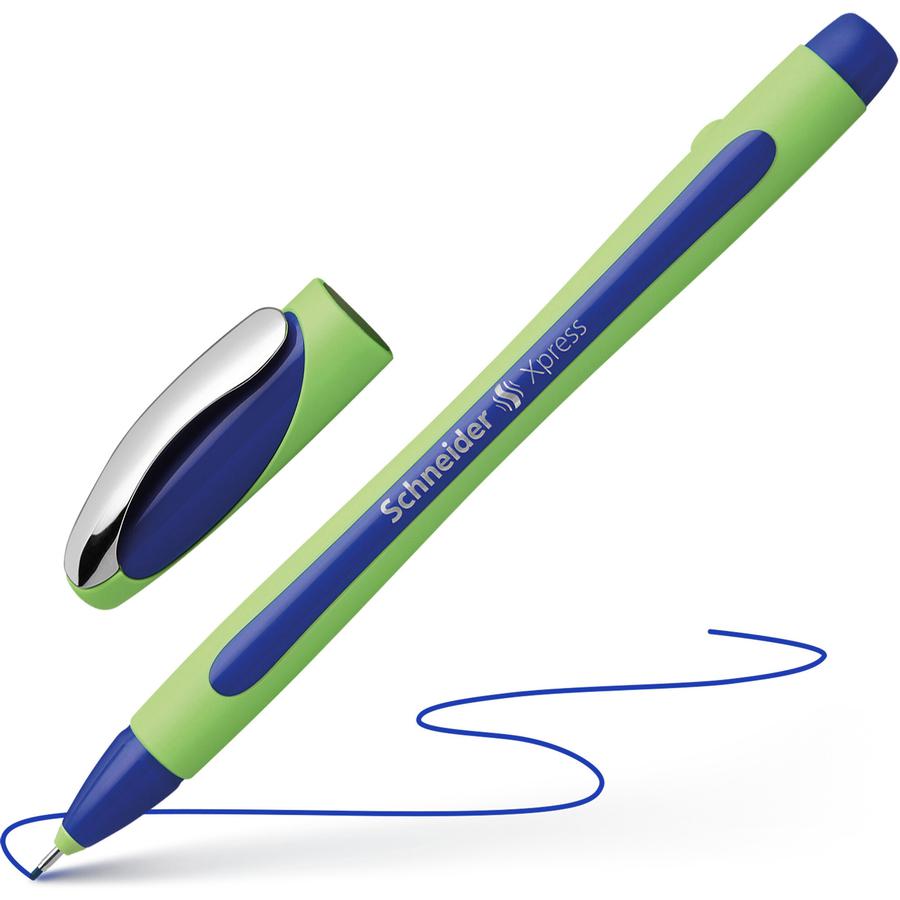 Schneider Xpress Fineliner Pen - Blue Ink - Blue Rubberized, Green Barrel - Stainless Steel Tip - 10 / Pack. Picture 2