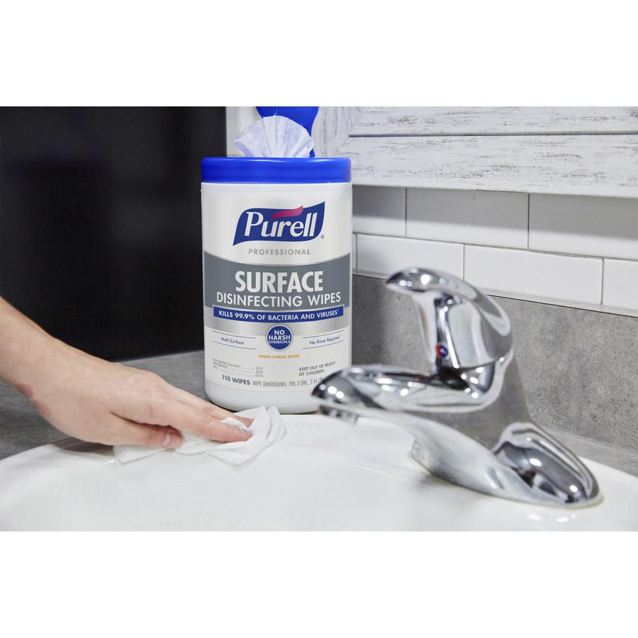 PURELL&reg; Professional Surface Disinfecting Wipes - Ready-To-Use - Fresh Citrus Scent - 8" Length x 7" Width - Disinfectant, Odor-free, Rinse-free, Durable, Chemical-free - 110/Tub - 1 Each. Picture 2