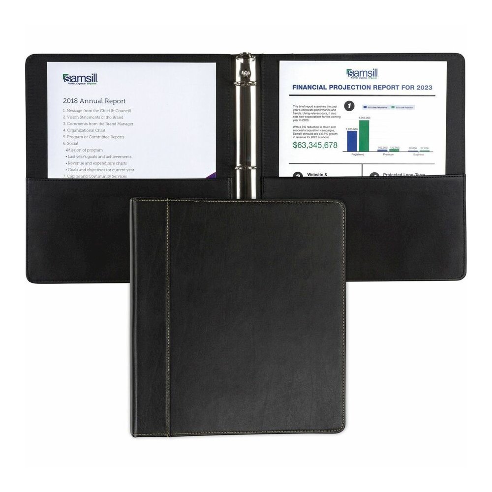 Samsill Contrast Stitch Leather Ring Binder - 1" Binder Capacity - Letter - 8 1/2" x 11" Sheet Size - 200 Sheet Capacity - 1" Ring - Fastener: Round Ring - Pocket: 2, Internal - Bonded Leather, Leathe. Picture 2