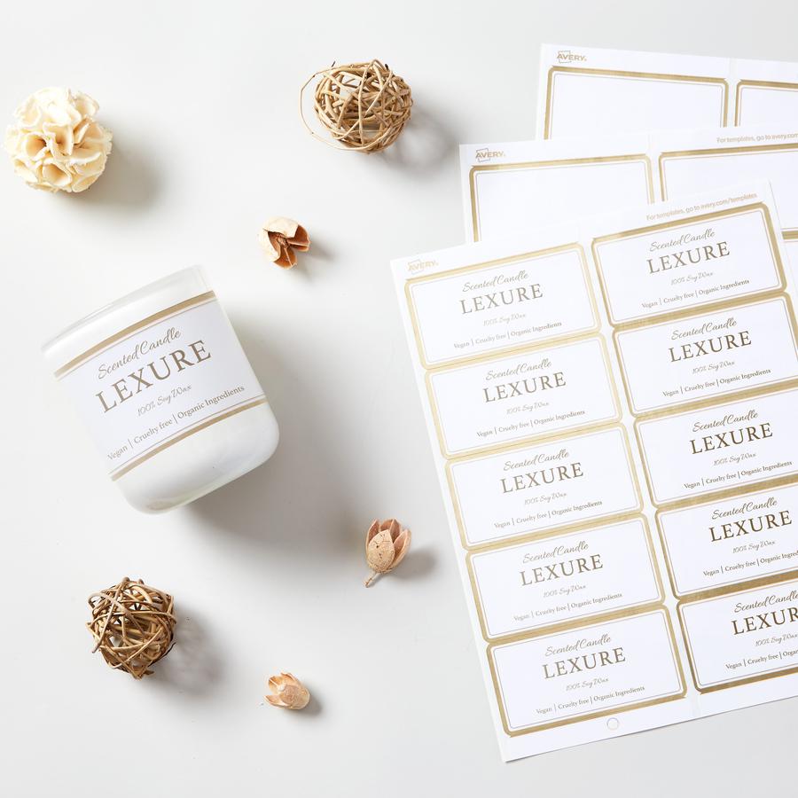 Avery&reg; Labels with Metallic Gold Borders, 2" x 4" , 100 (6541) - 2" Width x 4" Length - Permanent Adhesive - Rectangle - Inkjet, Laser - Matte - White - Metallic Gold Border - Paper - 10 / Sheet -. Picture 2