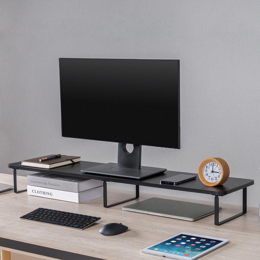 Lorell Quick-Install Monitor Laptop Riser - 4.80" Height x 39.40" Width x 10.20" Depth - Powder Coated - Steel, Particleboard, Silicone - Black. Picture 2