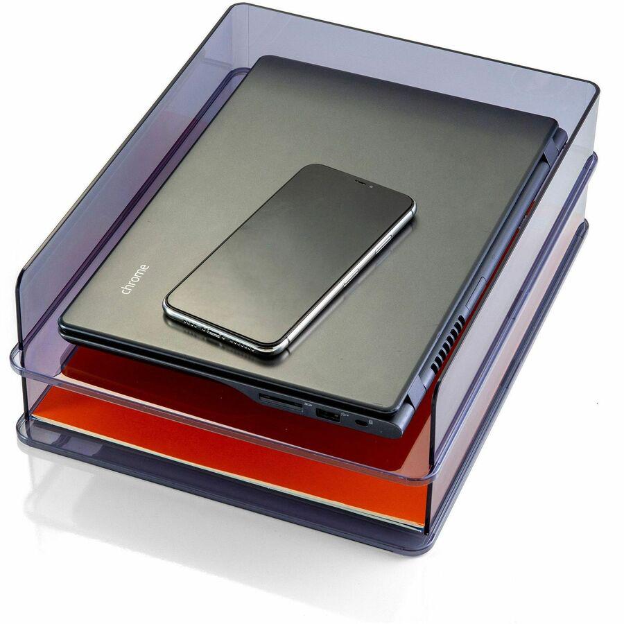 Officemate Stackable Letter Trays, Made from Recycled Bottles, 2PK - 2.8" Height x 12.8" Width x 10.2" DepthDesktop - Stackable - Translucent Gray - Plastic - 2 Pack. Picture 2