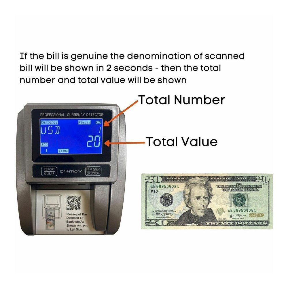 Dri Mark BillScan5 Counterfeit Detector Machine - Magnetic Ink, Infrared, Watermark, Dimension - 1 Second - Black - 1 Each. Picture 3
