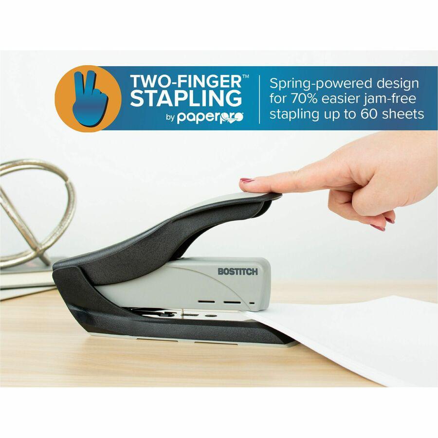 Bostitch Spring-Powered Antimicrobial Heavy Duty Stapler - 60 Sheets Capacity - 5/16" , 3/8" Staple Size - 1 Each - Black, Gray. Picture 2