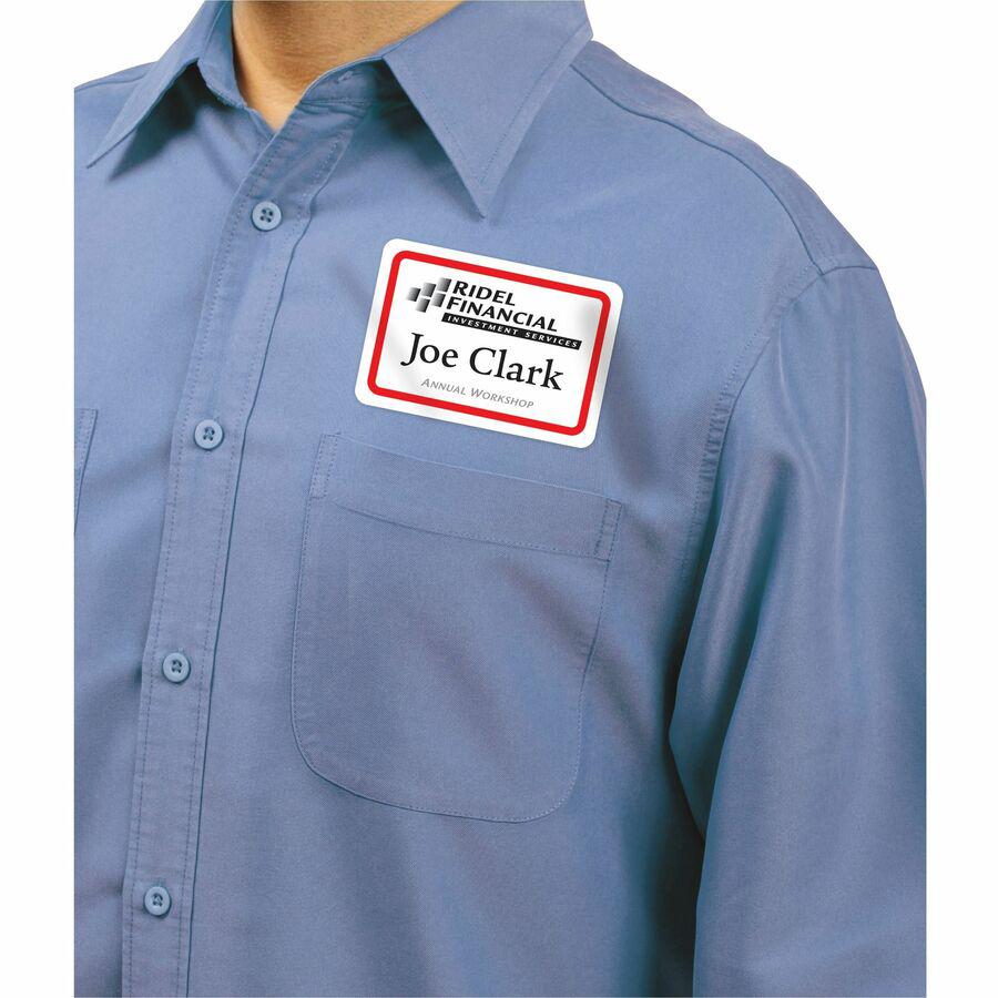 Avery&reg; Name Badge Label - 2 21/64" Width x 3 3/8" Length - Removable Adhesive - Rectangle - Laser, Inkjet - White, Red - Film - 8 / Sheet - 50 Total Sheets - 400 Total Label(s) - 400 / Box. Picture 2